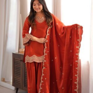 Rust Orange Glass Roman Silk Kurti Set