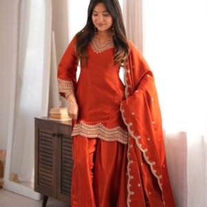 Rust Orange Glass Roman Silk Kurti Set