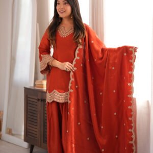 Rust Orange Glass Roman Silk Kurti Set