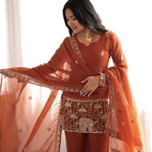 Rust Orange Crunchy Silk Kurti Set with Embroidery Sequence Jari Work