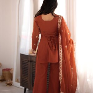 Rust Orange Crunchy Silk Kurti Set with Embroidery Sequence Jari Work
