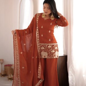 Rust Orange Crunchy Silk Kurti Set with Embroidery Sequence Jari Work