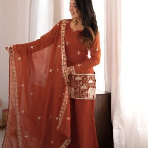 Rust Orange Crunchy Silk Kurti Set with Embroidery Sequence Jari Work