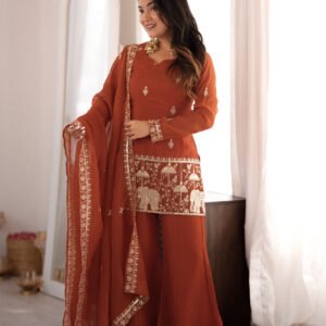 Rust Orange Crunchy Silk Kurti Set with Embroidery Sequence Jari Work