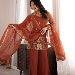 Rust Orange Crunchy Silk Kurti Set with Embroidery Sequence Jari Work
