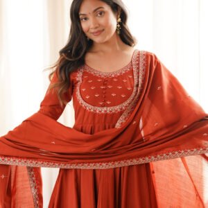 Rust Orange Chanderi Silk Embroidered 16 Kali Anarkali Suit with Dupatta