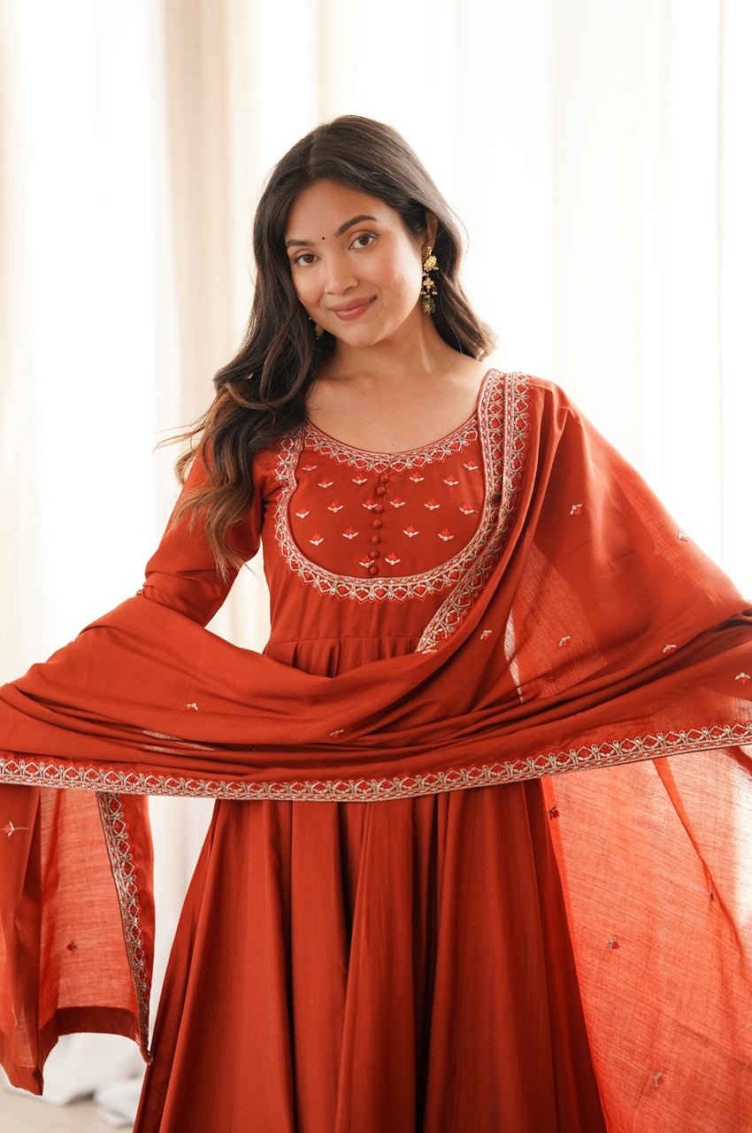 Rust Orange Chanderi Silk Embroidered 16 Kali Anarkali Suit with Dupatta Rust Orange Chanderi Silk Embroidered 16 Kali Anarkali Suit with Dupatta