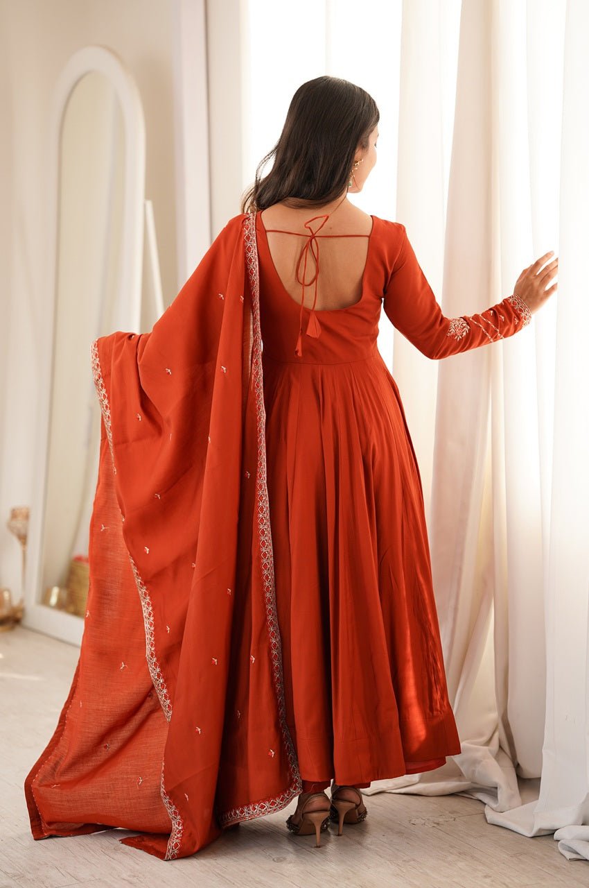 Rust Orange Chanderi Silk Embroidered 16 Kali Anarkali Suit with Dupatta Rust Orange Chanderi Silk Embroidered 16 Kali Anarkali Suit with Dupatta