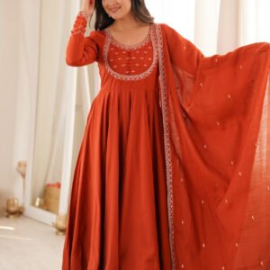 Rust Orange Chanderi Silk Embroidered 16 Kali Anarkali Suit with Dupatta