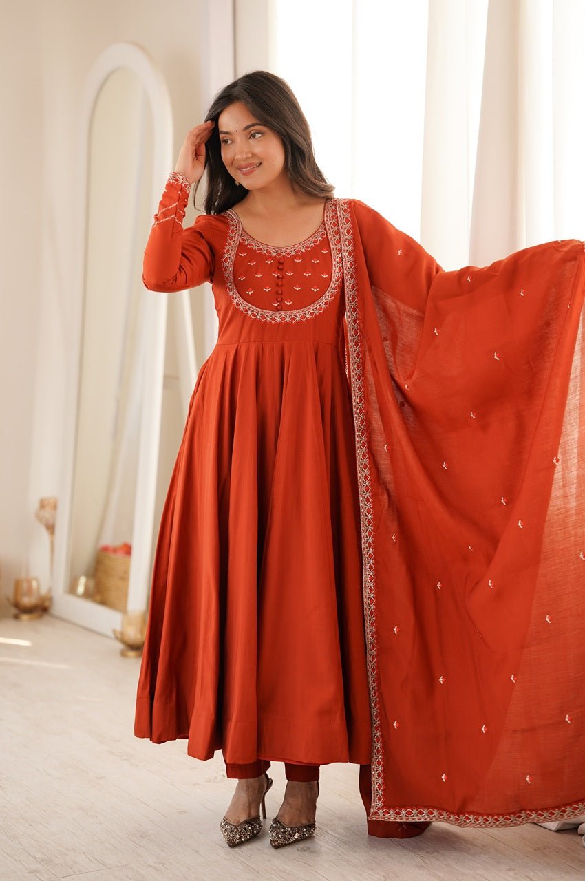 Rust Orange Chanderi Silk Embroidered 16 Kali Anarkali Suit with Dupatta Rust Orange Chanderi Silk Embroidered 16 Kali Anarkali Suit with Dupatta