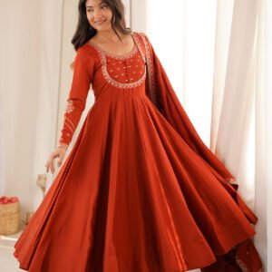 Rust Orange Chanderi Silk Embroidered 16 Kali Anarkali Suit with Dupatta