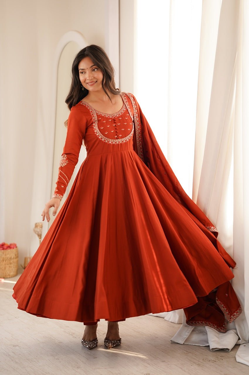 Rust Orange Chanderi Silk Embroidered 16 Kali Anarkali Suit with Dupatta Rust Orange Chanderi Silk Embroidered 16 Kali Anarkali Suit with Dupatta