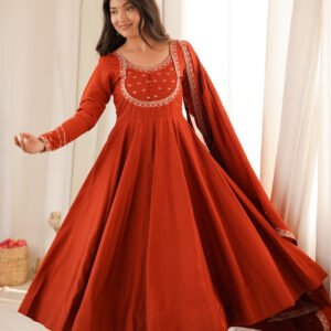 Rust Orange Chanderi Silk Embroidered 16 Kali Anarkali Suit with Dupatta