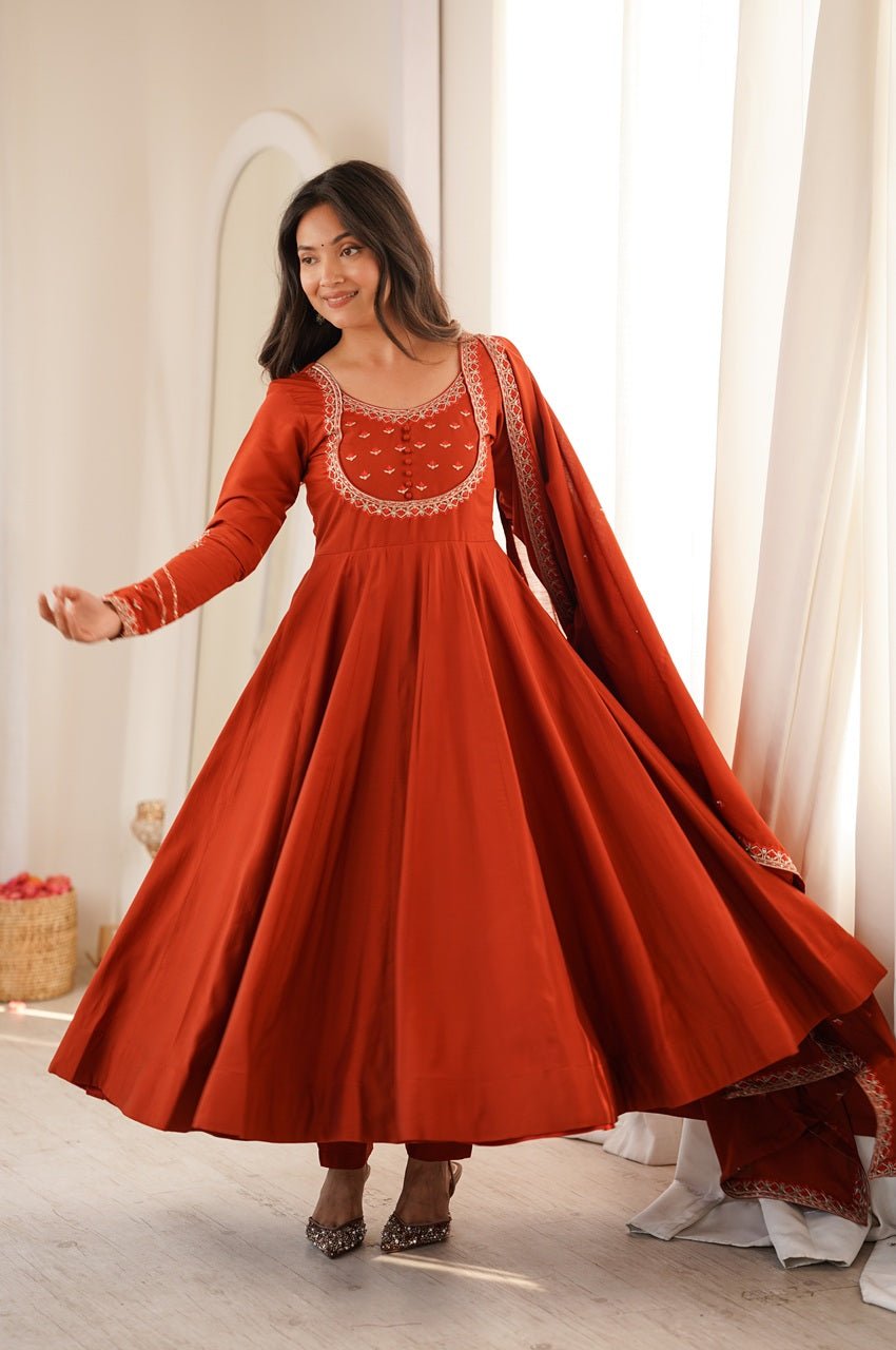Rust Orange Chanderi Silk Embroidered 16 Kali Anarkali Suit with Dupatta Rust Orange Chanderi Silk Embroidered 16 Kali Anarkali Suit with Dupatta
