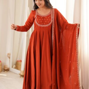 Rust Orange Chanderi Silk Embroidered 16 Kali Anarkali Suit with Dupatta