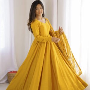 Yellow Roman Silk Chanderi 16 Kali Anarkali Suit with Georgette Dupatta