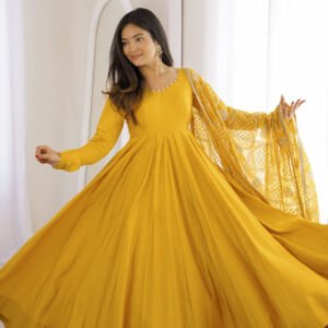 Yellow Roman Silk Chanderi 16 Kali Anarkali Suit with Georgette Dupatta