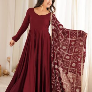 Maroon Roman Silk Chanderi 16 Kali Anarkali Suit with Georgette Dupatta
