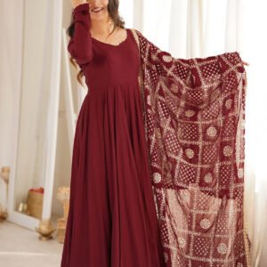 Maroon Roman Silk Chanderi 16 Kali Anarkali Suit with Georgette Dupatta