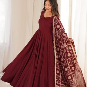 Maroon Roman Silk Chanderi 16 Kali Anarkali Suit with Georgette Dupatta
