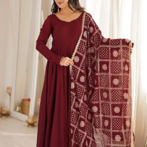 Maroon Roman Silk Chanderi 16 Kali Anarkali Suit with Georgette Dupatta