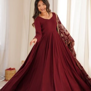 Maroon Roman Silk Chanderi 16 Kali Anarkali Suit with Georgette Dupatta