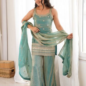 Premium Steel Green Frendy Silk Embroidered Kurta Set with Bell Bottom Pant