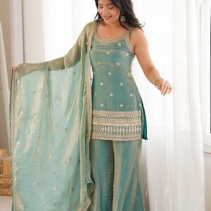 Premium Steel Green Frendy Silk Embroidered Kurta Set with Bell Bottom Pant
