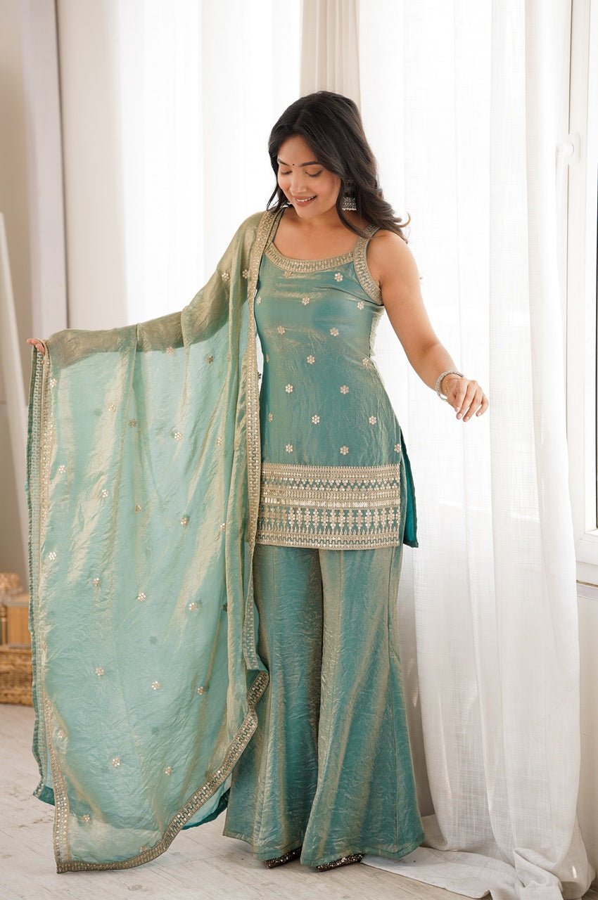 Premium Steel Green Frendy Silk Embroidered Kurta Set with Bell Bottom Pant Premium Steel Green Frendy Silk Embroidered Kurta Set with Bell Bottom Pant