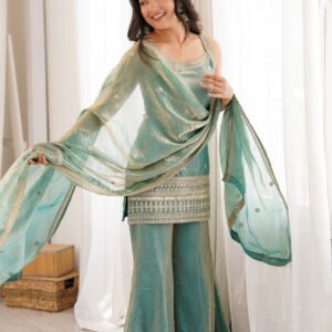 Premium Steel Green Frendy Silk Embroidered Kurta Set with Bell Bottom Pant