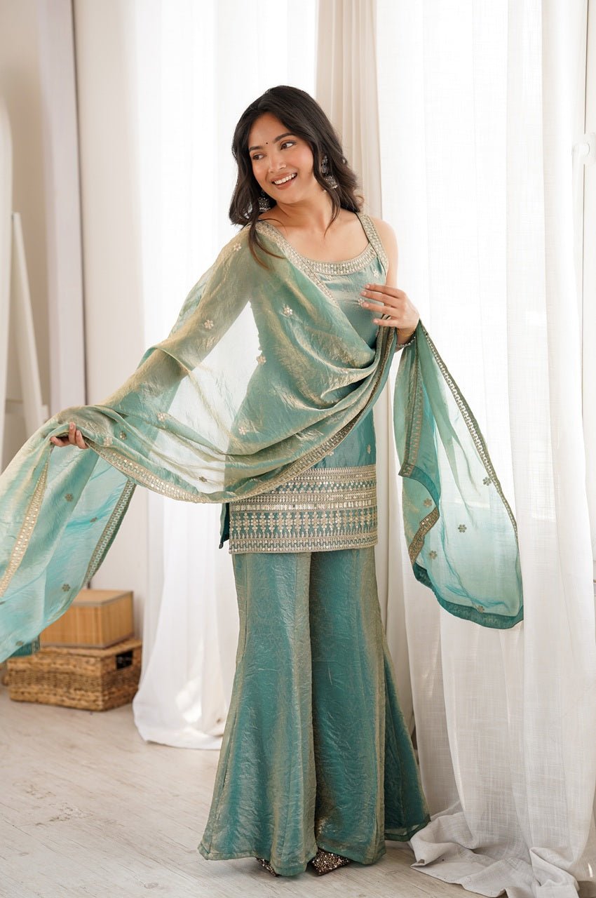 Premium Steel Green Frendy Silk Embroidered Kurta Set with Bell Bottom Pant Premium Steel Green Frendy Silk Embroidered Kurta Set with Bell Bottom Pant
