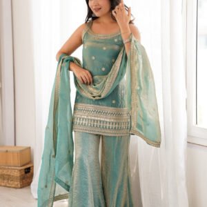 Premium Steel Green Frendy Silk Embroidered Kurta Set with Bell Bottom Pant
