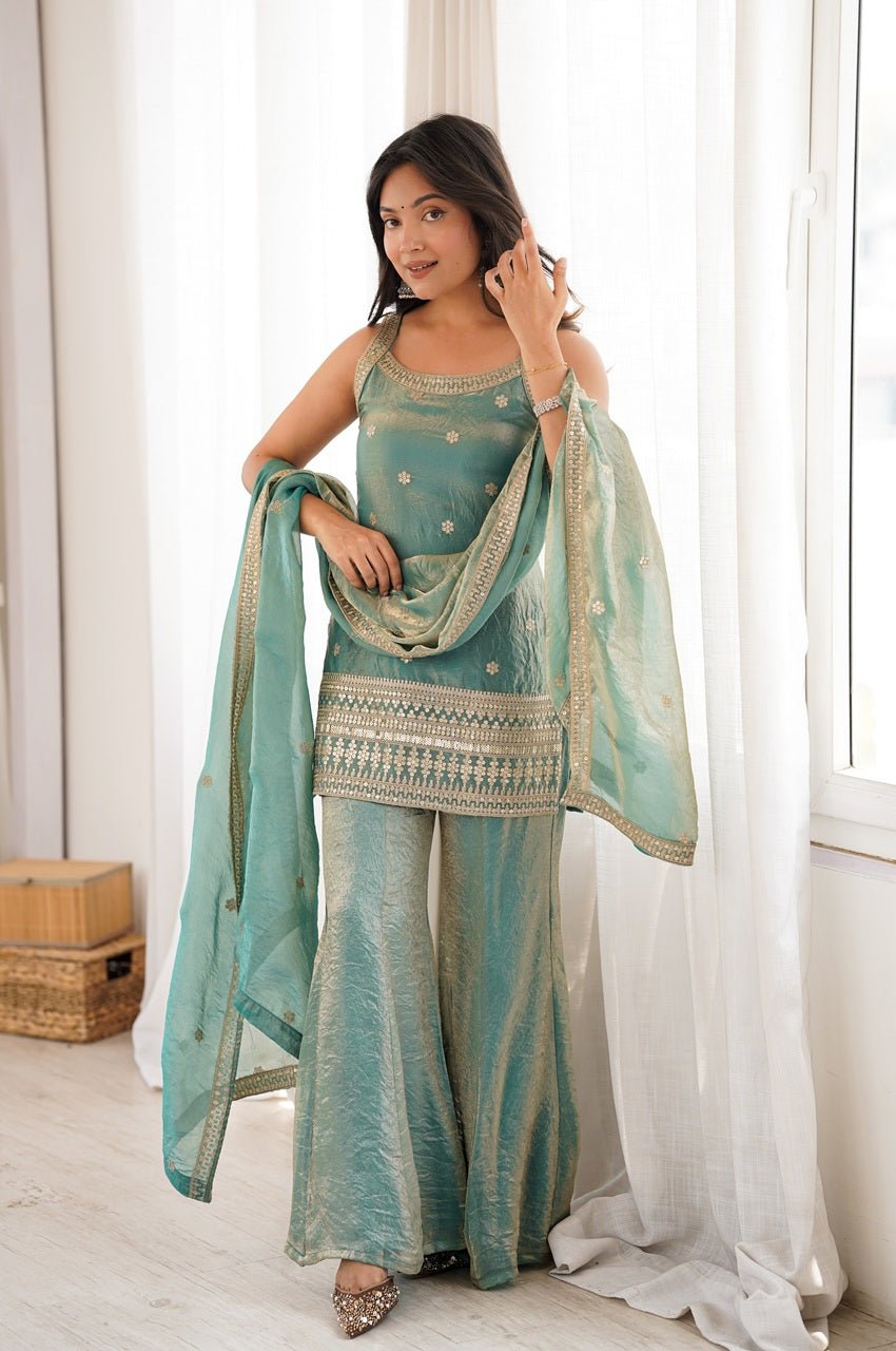 Premium Steel Green Frendy Silk Embroidered Kurta Set with Bell Bottom Pant Premium Steel Green Frendy Silk Embroidered Kurta Set with Bell Bottom Pant