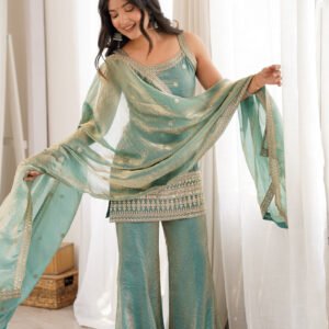 Premium Steel Green Frendy Silk Embroidered Kurta Set with Bell Bottom Pant