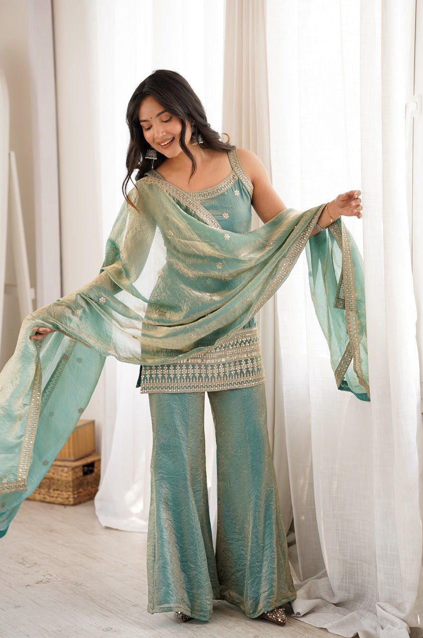 Premium Steel Green Frendy Silk Embroidered Kurta Set with Bell Bottom Pant Premium Steel Green Frendy Silk Embroidered Kurta Set with Bell Bottom Pant