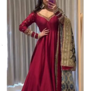 Rani Pink Heavy Chinon Silk Gown Set with 5 Meter Flair