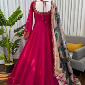 Rani Pink Heavy Chinon Silk Gown Set with 5 Meter Flair