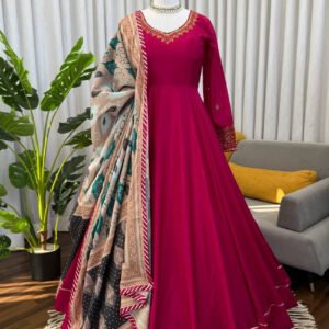 Rani Pink Heavy Chinon Silk Gown Set with 5 Meter Flair