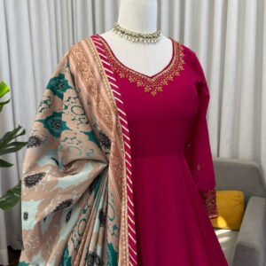 Rani Pink Heavy Chinon Silk Gown Set with 5 Meter Flair