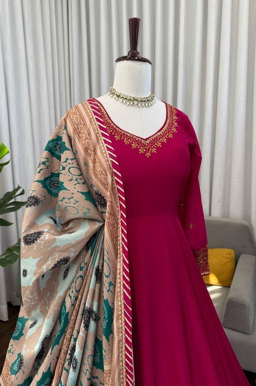 Rani Pink Heavy Chinon Silk Gown Set with 5 Meter Flair Rani Pink Heavy Chinon Silk Gown Set with 5 Meter Flair
