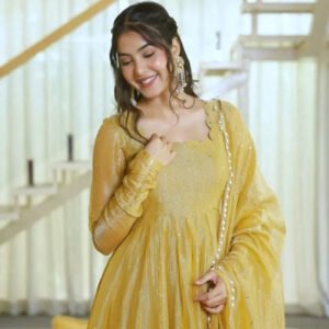 Gentle Gold Salsa Silk Foil Work Gown Set with Dupatta & Pant