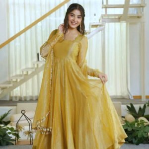 Gentle Gold Salsa Silk Foil Work Gown Set with Dupatta & Pant