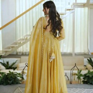 Gentle Gold Salsa Silk Foil Work Gown Set with Dupatta & Pant