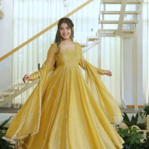 Gentle Gold Salsa Silk Foil Work Gown Set with Dupatta & Pant