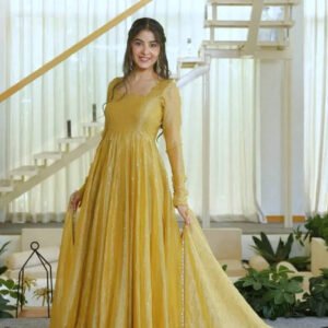 Gentle Gold Salsa Silk Foil Work Gown Set with Dupatta & Pant