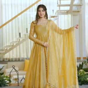 Gentle Gold Salsa Silk Foil Work Gown Set with Dupatta & Pant