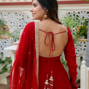 Red Faux Georgette Handwork Anarkali Suit Set with 7M Flair, Dupatta & Pant
