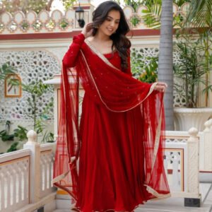 Red Faux Georgette Handwork Anarkali Suit Set with 7M Flair, Dupatta & Pant