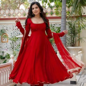 Red Faux Georgette Handwork Anarkali Suit Set with 7M Flair, Dupatta & Pant