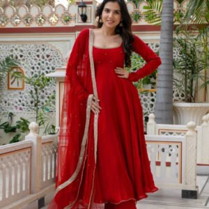 Red Faux Georgette Handwork Anarkali Suit Set with 7M Flair, Dupatta & Pant